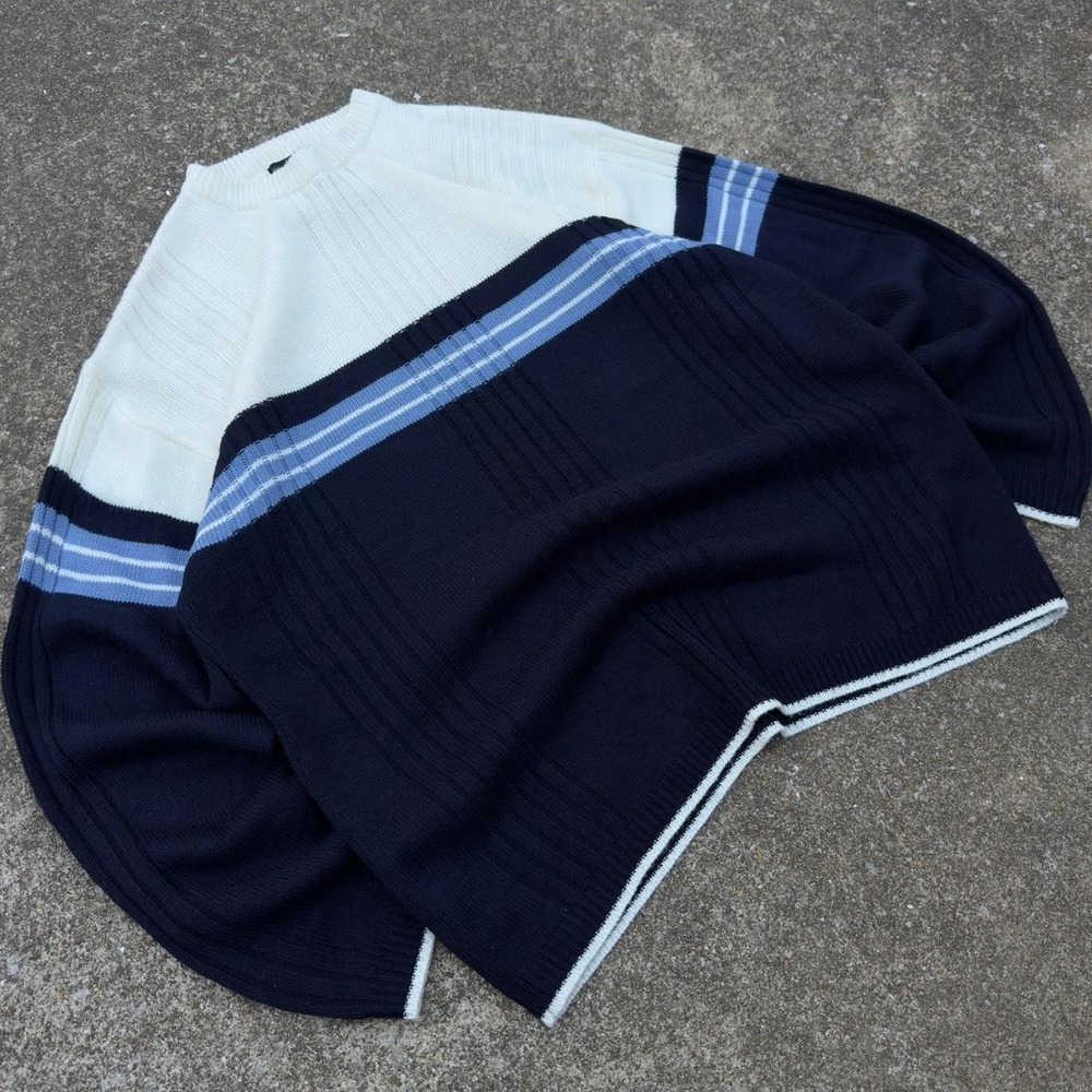 Vintage Y2K Trust Striped Knit Sweater Navy White Minimal Streetwear Large f10
